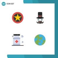 Editable Vector Line Pack of 4 Simple Flat Icons of badge hat military rank hipster hospital Editable Vector Design Elements