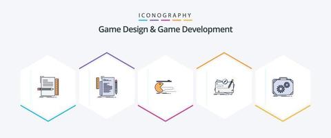 juego diseño y juego desarrollo 25 línea de relleno icono paquete incluso producción. maletín. juego de azar. role. misión vector