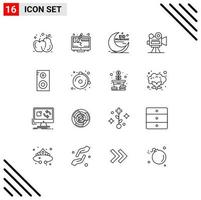 Universal Icon Symbols Group of 16 Modern Outlines of music class video mubarak projector camera Editable Vector Design Elements