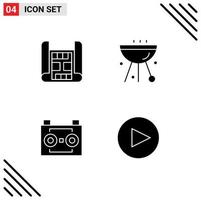 Group of 4 Solid Glyphs Signs and Symbols for map audio tape barbecue food digital recording Editable Vector Design Elements