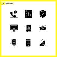 Group of 9 Solid Glyphs Signs and Symbols for book baking application cart monitor Editable Vector Design Elements