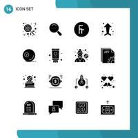 Group of 16 Solid Glyphs Signs and Symbols for pool snooker finance game up Editable Vector Design Elements