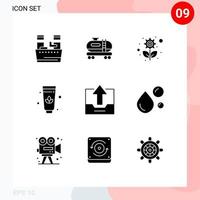 Group of 9 Modern Solid Glyphs Set for upload drawer sustainable close cream Editable Vector Design Elements