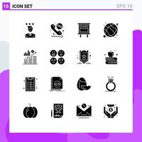 Pack of 16 Modern Solid Glyphs Signs and Symbols for Web Print Media such as exercise game advertising basketball pubic Editable Vector Design Elements