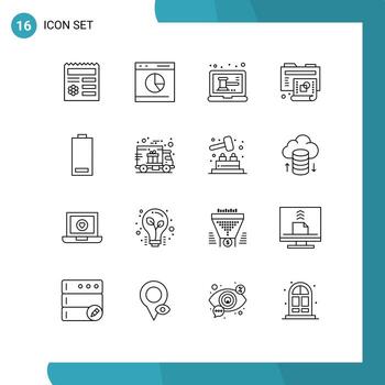 16 User Interface Outline Pack of modern Signs and Symbols of battery new statistics process shop Editable Vector Design Elements