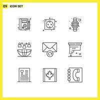 User Interface Pack of 9 Basic Outlines of outsourcing international power global hand watch Editable Vector Design Elements