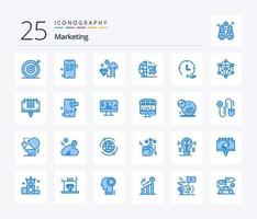 márketing 25 azul color icono paquete incluso tiempo. compras. diamante SEO carro vector