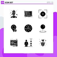 Solid Glyph Pack of 9 Universal Symbols of ball map monoblock location focus Editable Vector Design Elements