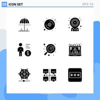 Modern Set of 9 Solid Glyphs and symbols such as camping money geo mind business Editable Vector Design Elements