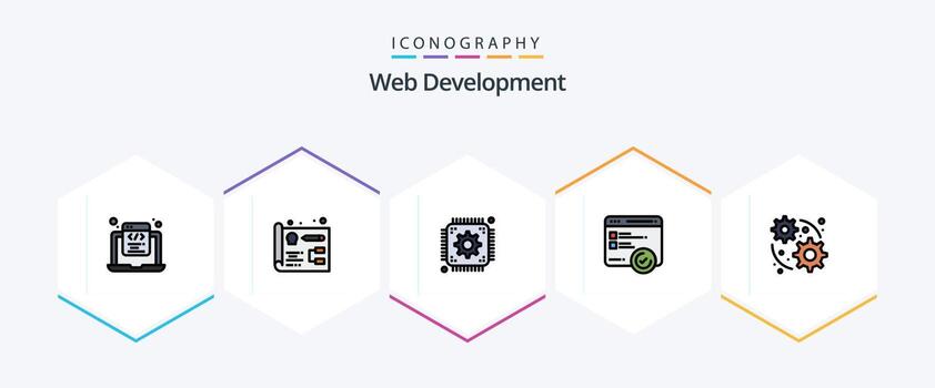 Web Development 25 FilledLine icon pack including web. web. chip. testing. development vector