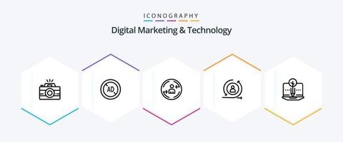 Digital Marketing And Technology 25 Line icon pack including content. digital. peturning. returning visiter. returning vector