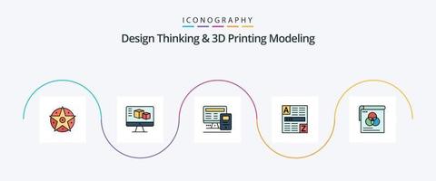 Design Thinking And D Printing Modeling Line Filled Flat 5 Icon Pack Including poster. internet. computer. code. browser vector