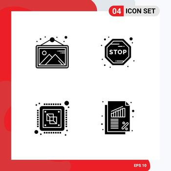 moderno conjunto de 4 4 sólido glifos pictografía de galería computadora marco detener procesador editable vector diseño elementos