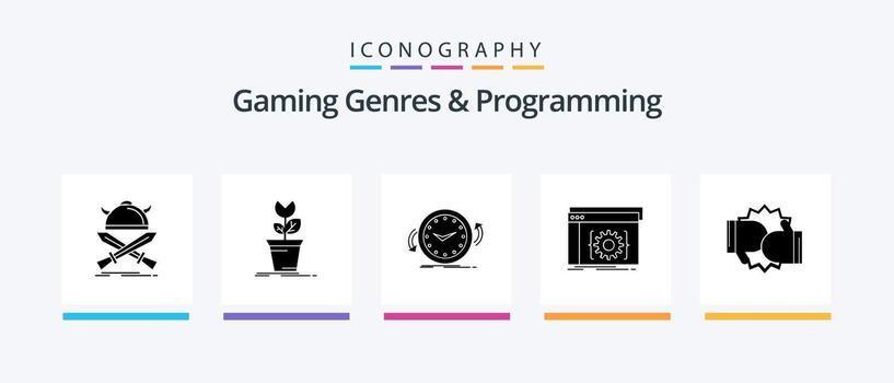 Gaming Genres And Programming Glyph 5 Icon Pack Including coding. api. obstacle. time. clockwise. Creative Icons Design vector