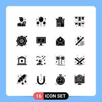 Pack of 16 Modern Solid Glyphs Signs and Symbols for Web Print Media such as flag celebrate celebration stop road integration Editable Vector Design Elements