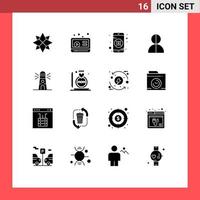 Pack of 16 Modern Solid Glyphs Signs and Symbols for Web Print Media such as navigation lighthouse investment thief impersonation Editable Vector Design Elements