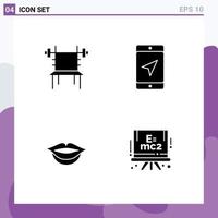 Pack of 4 creative Solid Glyphs of balance lips gym location chemistry Editable Vector Design Elements