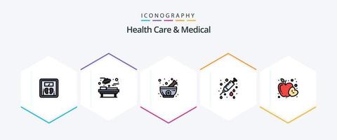 Health Care And Medical 25 FilledLine icon pack including food. needle. bowl. hospital. care vector