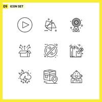 Universal Icon Symbols Group of 9 Modern Outlines of badge product ecologic open box box Editable Vector Design Elements