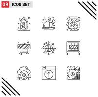 9 Universal Outlines Set for Web and Mobile Applications globe sign plate road attention Editable Vector Design Elements