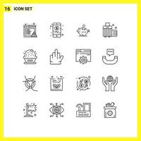 16 User Interface Outline Pack of modern Signs and Symbols of celebration birthday piggy luggage beach Editable Vector Design Elements