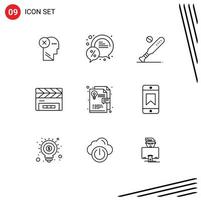 Group of 9 Modern Outlines Set for clapboard sports chat bat ball Editable Vector Design Elements