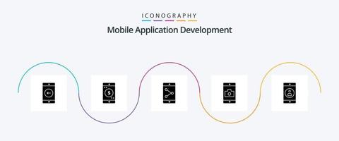 Mobile Application Development Glyph 5 Icon Pack Including mobile application. application. app share. camera. mobile vector