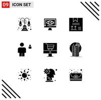 9 User Interface Solid Glyph Pack of modern Signs and Symbols of cart locked coding human avatar Editable Vector Design Elements