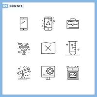 Mobile Interface Outline Set of 9 Pictograms of place location bag glass romance Editable Vector Design Elements