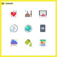 Pack of 9 Modern Flat Colors Signs and Symbols for Web Print Media such as management clock muslim tablet mobile Editable Vector Design Elements