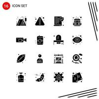 User Interface Pack of 16 Basic Solid Glyphs of can drink policy record cam Editable Vector Design Elements