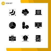 9 User Interface Solid Glyph Pack of modern Signs and Symbols of screen space video science pie Editable Vector Design Elements