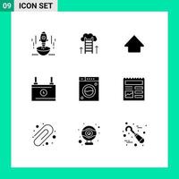 Group of 9 Modern Solid Glyphs Set for power battery dream accumulator up Editable Vector Design Elements