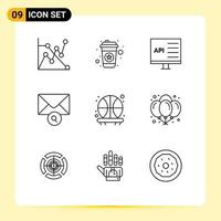 9 User Interface Outline Pack of modern Signs and Symbols of shot backboard coding search mail Editable Vector Design Elements