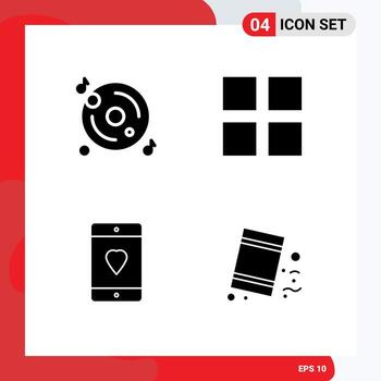 Set of 4 Vector Solid Glyphs on Grid for disk heart multimedia thumbnails mobile Editable Vector Design Elements