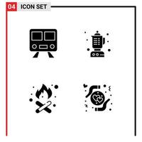 Pack of 4 creative Solid Glyphs of maps fire place train kitchen hands Editable Vector Design Elements