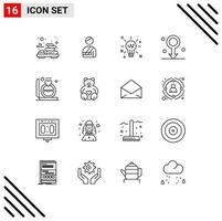 16 Universal Outlines Set for Web and Mobile Applications ring healthcare bulb male glow Editable Vector Design Elements