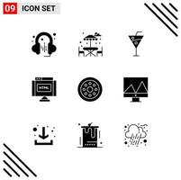 User Interface Pack of 9 Basic Solid Glyphs of wheels spare parts beverage accessories html Editable Vector Design Elements