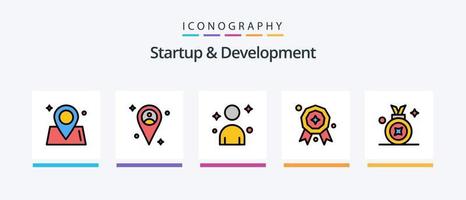 puesta en marcha y desarrollo línea lleno 5 5 icono paquete incluso . mapa. reloj. mundo. correo. creativo íconos diseño vector