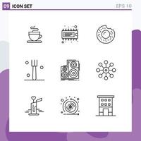 Universal Icon Symbols Group of 9 Modern Outlines of studio monitor food hifi tableware Editable Vector Design Elements