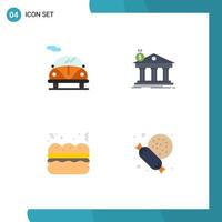 Set of 4 Commercial Flat Icons pack for automobile fast food architecture building supermarket Editable Vector Design Elements