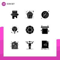 Pictogram Set of 9 Simple Solid Glyphs of flower light muffin ideas education Editable Vector Design Elements