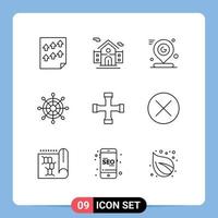 Mobile Interface Outline Set of 9 Pictograms of cross wrench wheel google marine mark Editable Vector Design Elements