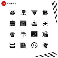 Editable Vector Line Pack of 16 Simple Solid Glyphs of backpack real camera investment asset Editable Vector Design Elements