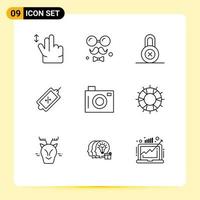 Mobile Interface Outline Set of 9 Pictograms of picnic camera lock tag market Editable Vector Design Elements