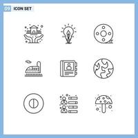 Pack of 9 Modern Outlines Signs and Symbols for Web Print Media such as phone transport light train clapper board Editable Vector Design Elements