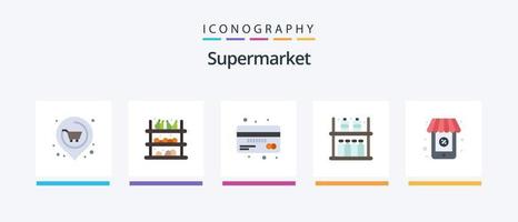 supermercado plano 5 5 icono paquete incluso en línea. estante. tarjeta. bienes. finanzas. creativo íconos diseño vector