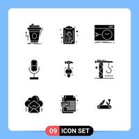 Universal Icon Symbols Group of 9 Modern Solid Glyphs of microphone broadcast graph audio software Editable Vector Design Elements