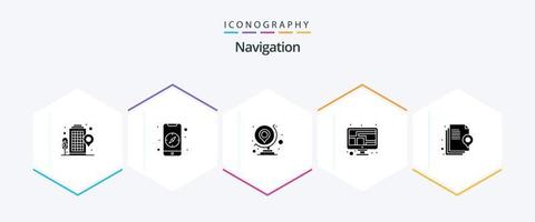 Navigation 25 Glyph icon pack including document. monitor. gps. map. gps vector