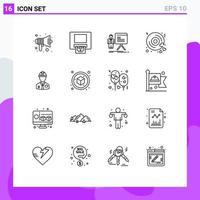 Set of 16 Modern UI Icons Symbols Signs for worker love presentation heart progress Editable Vector Design Elements